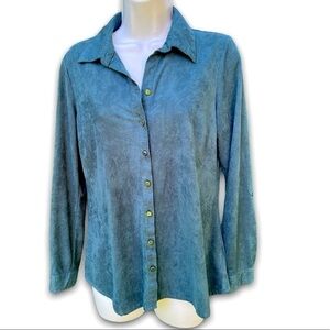 Kim Roger’s Dark Teal Silver Button Down Blouse Size Petite Medium